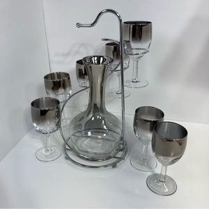 Vtg Dorothy Thorpe Wine Glass Carafe Spiral Caddy MCM Silver Hombre Mad Men Bar